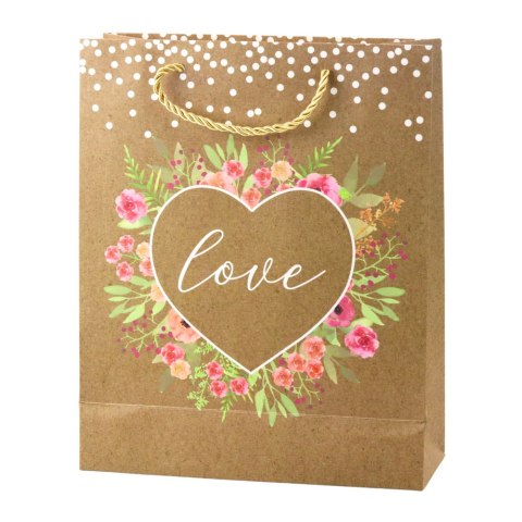 Torba Prezentowa Napis Love Kwiaty Brokat 32 x 26 x 10 cm