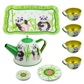 Zestaw Do Herbaty Metalowy Dzbanek Filiżanka Talerzyki Panda Zielony 14el