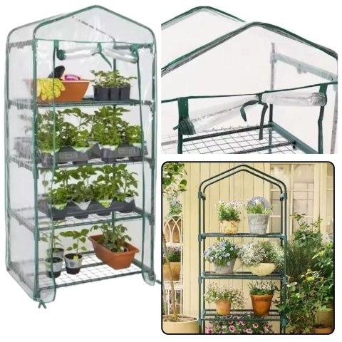 Mini Szklarnia Balkonowa Ogrodowa 4 Półki Metalowe Folia PVC 69 x 49 x 157cm